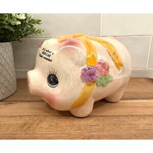 Vintage Ceramic Piggy Bank with Yellow Bow & Flowers Cute Pig Coin Bank Unmarked